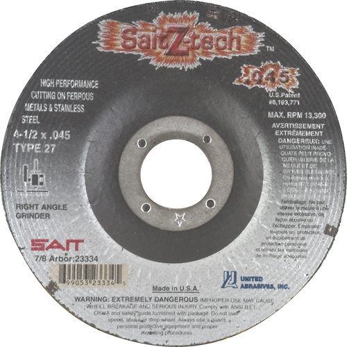 Disque de coupe Z-Tech, 4-1/2" x 0,045", Arbre de 7/8", Type 27, Zirconium, 13 300 Tr/min Seaboard Timber Mart