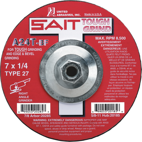 A24T Tough Grind Grinding Wheel, 4-1/2" x 1/4", 7/8" Arbor, Aluminum Oxide, Type 27 Seaboard Timber Mart