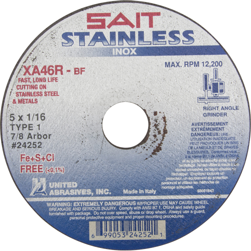 Cut-Off Wheel Contaminant-Free ZA46R, 15" x 1/16", 7/8" Arbor, Type 1, Aluminum Oxide, 12200 RPM Seaboard Timber Mart