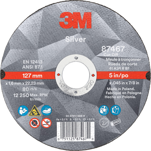 Silver Cut-Off Wheel, 5" x 0.045", 7/8" Arbor, Type 1, Ceramic, 12250 RPM Seaboard Timber Mart