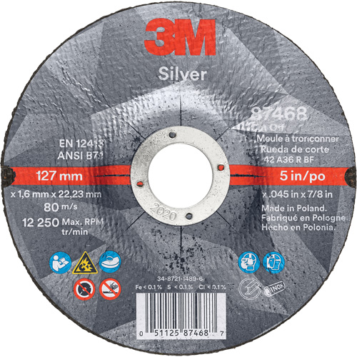 Meule &agrave; tronçonner Silver, 5" x 0,045", Arbre de 7/8", Type 27, C&eacute;ramique, 12250 Tr/min Seaboard Timber Mart
