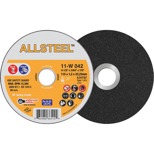 AllSteel Cut-Off Wheel, 4-1/2" x 3/64", 7/8" Arbor, Type 1, Aluminum Oxide, 13300 RPM Seaboard Timber Mart
