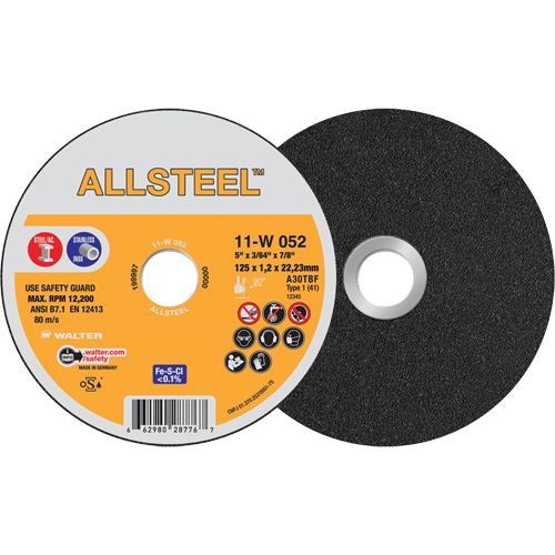 Meule &agrave; tronçonner AllSteel, 5" x 3/64", Arbre de 7/8", Type 1, Oxyde d'aluminium, 12250 Tr/min Seaboard Timber Mart