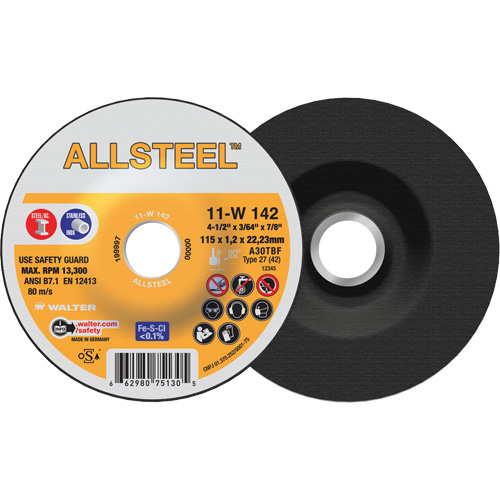 Meule &agrave; tronçonner AllSteel, 4-1/2" x 3/64", Arbre de 7/8", Type 27, Oxyde d'aluminium, 13 300 Tr/min Seaboard Timber Mart
