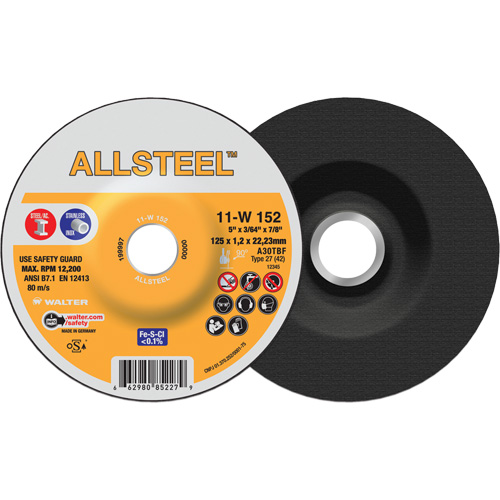 AllSteel Cut-Off Wheel, 5" x 3/64", 7/8" Arbor, Type 27, Aluminum Oxide, 12250 RPM Seaboard Timber Mart