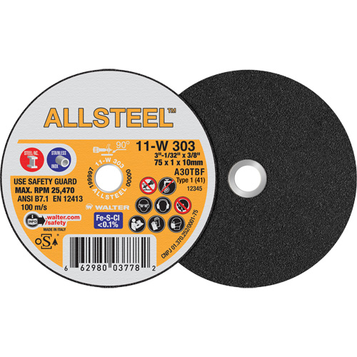 AllSteel Mini Cut-Off Wheel, 3" x 1/32", 3/8" Arbor, Type 1, Aluminum Oxide, 25470 RPM Seaboard Timber Mart