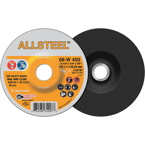 AllSteel Grinding Wheel, 4-1/2" x 1/4", 7/8" Arbor, Aluminum Oxide, Type 27 Seaboard Timber Mart