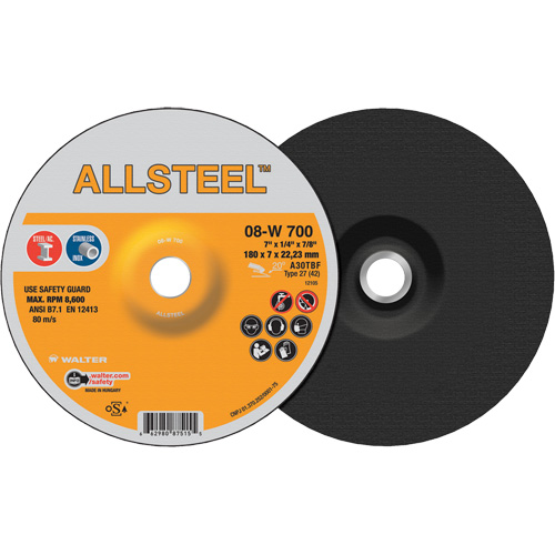 AllSteel Grinding Wheel, 7" x 1/4", 7/8" Arbor, Aluminum Oxide, Type 27 Seaboard Timber Mart