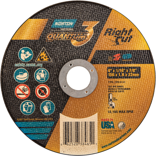 Quantum3 RightCut Cut-Off Wheel, 6" x 1/16", 7/8" Arbor, Type 01/41, Aluminum Oxide, 10185 RPM Seaboard Timber Mart