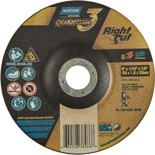 Quantum3 RightCut Cut-Off Wheel, 6" x 1/16", 7/8" Arbor, Type 27/42, Aluminum Oxide, 10185 RPM Seaboard Timber Mart