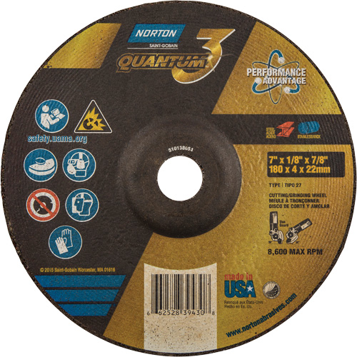 Quantum3 Grinding & Cutting Wheel, 7" x 1/8", 7/8" Arbor, Type 27, 24 Grit, Ceramic Alumina Seaboard Timber Mart