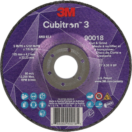 Meule &agrave; couper & tronçonner Cubitron 3, 5" x 5/32", Arbre de 7/8", Type T27, Grain de 36+, C&eacute;ramique Seaboard Timber Mart