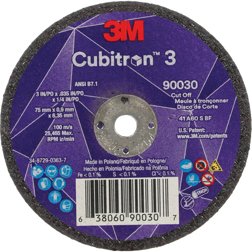 Meule &agrave; tronçonner Cubitron 3, 3" x 0,035", Arbre de 1/4", Type T1, C&eacute;ramique, 21000 Tr/min Seaboard Timber Mart