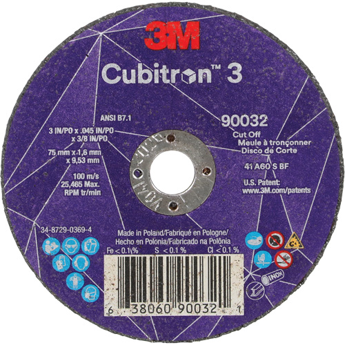 Meule &agrave; tronçonner Cubitron 3, 3" x 0,045", Arbre de 3/8", Type T1, C&eacute;ramique, 21000 Tr/min Seaboard Timber Mart