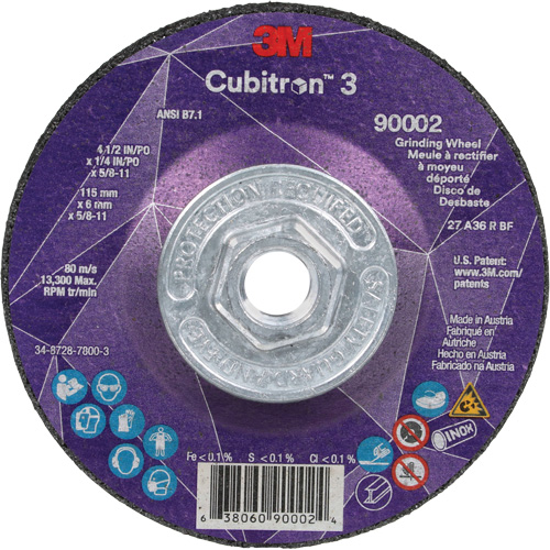 Meule a moyeu d&eacute;port&eacute; Cubitron 3, 4-1/2" x 1/4", Arbre 5/8"-11, C&eacute;ramique, Type T27 Seaboard Timber Mart