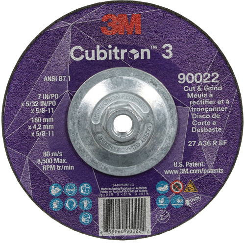 Cubitron 3 Cut and Grind Wheel, 7" x 5/32", 5/8"-11 Arbor, Type 27, 36 Grit, Ceramic Seaboard Timber Mart