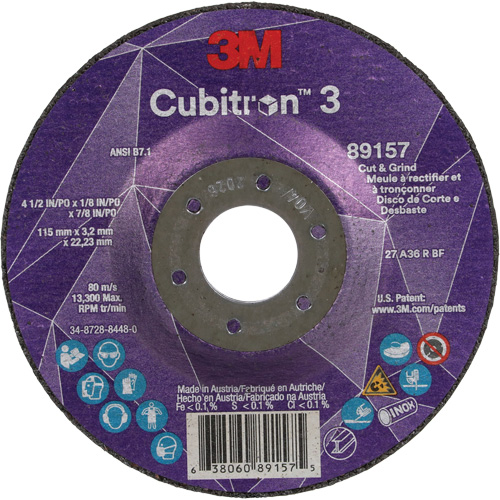 Cubitron 3 Cut and Grind Wheel, 4-1/2" x 1/8", 7/8" Arbor, Type 27, 36 Grit, Ceramic Seaboard Timber Mart