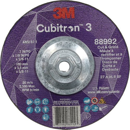 Cubitron 3 Cut and Grind Wheel, 7" x 1/8", 5/8"-11 Arbor, Type 27, 36 Grit, Ceramic Seaboard Timber Mart