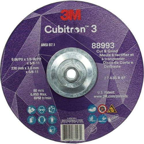 Cubitron 3 Cut and Grind Wheel, 9" x 1/8", 5/8"-11 Arbor, Type 27, 36 Grit, Ceramic Seaboard Timber Mart