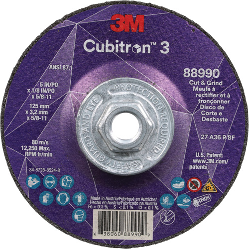 Cubitron 3 Cut and Grind Wheel, 5" x 1/8", 5/8"-11 Arbor, Type 27, 36 Grit, Ceramic Seaboard Timber Mart