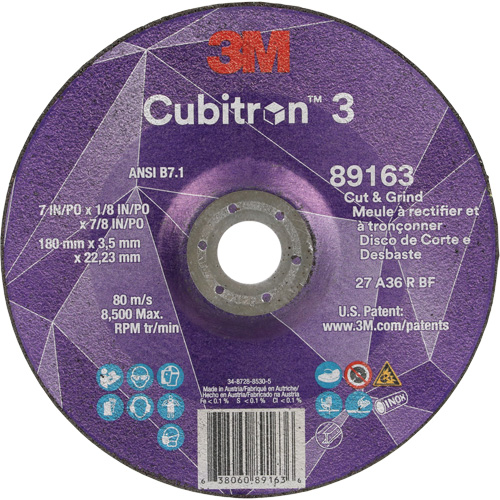 Cubitron 3 Cut and Grind Wheel, 7" x 1/8", 7/8" Arbor, Type 27, 36 Grit, Ceramic Seaboard Timber Mart