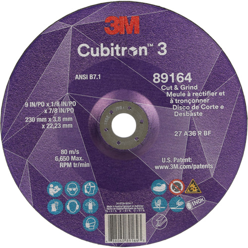 Cubitron 3 Cut and Grind Wheel, 9" x 1/8", 7/8" Arbor, Type 27, 36 Grit, Ceramic Seaboard Timber Mart