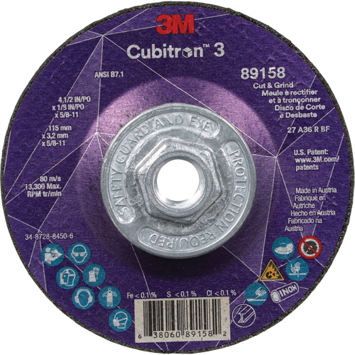 Cubitron 3 Cut and Grind Wheel, 4-1/2" x 1/8", 5/8"-11 Arbor, Type 27, 36 Grit, Ceramic Seaboard Timber Mart