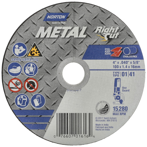 Meule &agrave; tronçonner m&eacute;tallique pour coupe &agrave; angle droit RightCut, 4-1/2" x 0,04", Arbre de 7/8", Type 01/41, Oxyde d'aluminium, 13580 Tr/min Seaboard Timber Mart