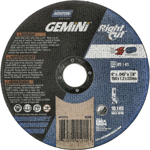 Gemini RightCut Right Angle Cut-Off Wheel, 6" x 0.045", 7/8" Arbor, Type 01/41, Aluminum Oxide, 10185 RPM Seaboard Timber Mart
