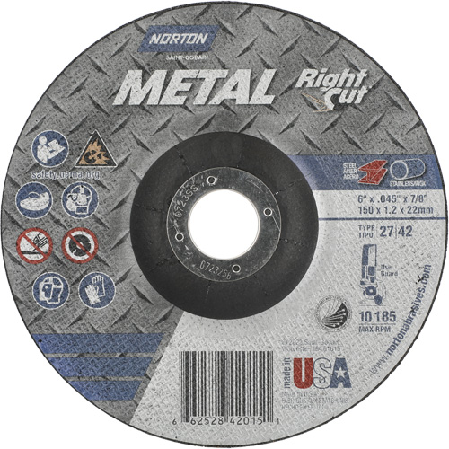 Metal RightCut Right Angle Cut-Off Wheel, 6" x 0.045", 7/8" Arbor, Type 27/42, Aluminum Oxide, 10190 RPM Seaboard Timber Mart
