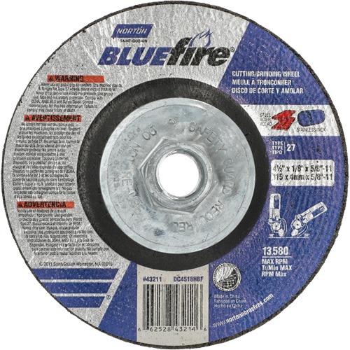 Disque de meulage et tronçonnage BlueFire, 4-1/2" x 1/8", Arbre de 5/8"-11, Type 27, Alumine de zirconium Seaboard Timber Mart