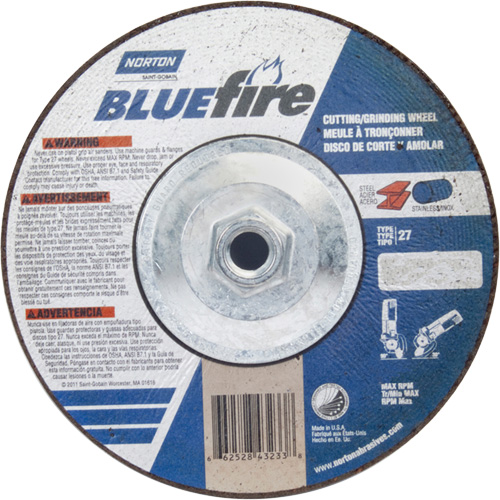 BlueFire Grinding & Cutting Wheel, 7" x 1/8", 5/8"-11 Arbor, Type 27, Zirconia Alumina Seaboard Timber Mart