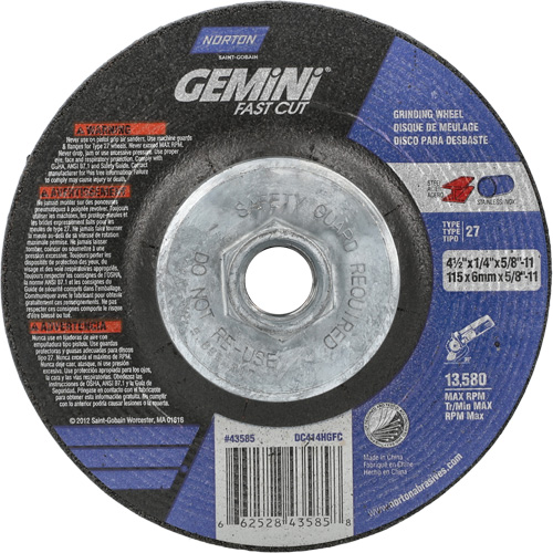 Gemini Grinding Wheel, 4-1/2" x 1/4", 5/8"-11 Arbor, Aluminum Oxide, Type 27 Seaboard Timber Mart