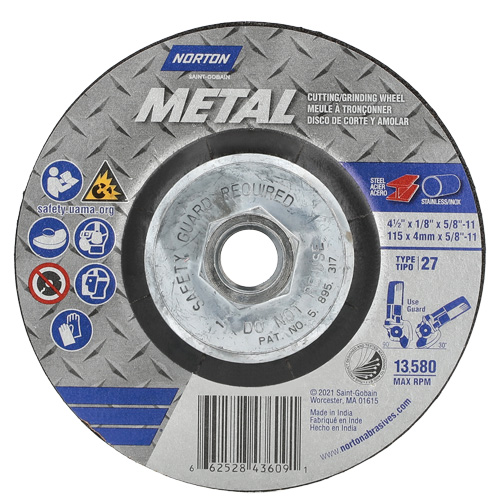 Metal Grinding & Cutting Wheel, 4-1/2" x 1/8", 5/8"-11 Arbor, Type 27, Aluminum Oxide Seaboard Timber Mart