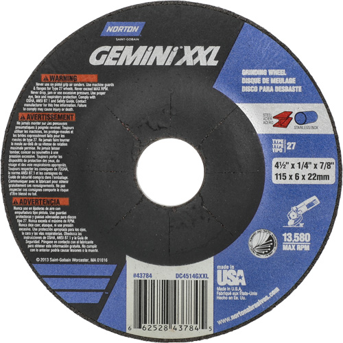 Gemini XXL Grinding Wheel, 4-1/2" x 1/4", 7/8" Arbor, Aluminum Oxide, Type 27 Seaboard Timber Mart