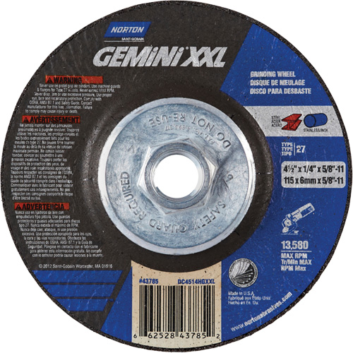 Gemini XXL Grinding Wheel, 4-1/2" x 1/4", 5/8"-11 Arbor, Aluminum Oxide, Type 27 Seaboard Timber Mart