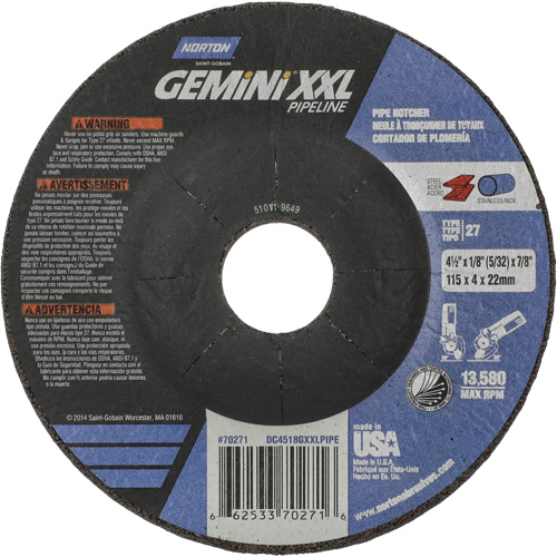 Disque combin&eacute; de meulage et tronçonnage Gemini XXL, 4-1/2" x 1/8", Arbre de 7/8", Type 27, Oxyde d'aluminium Seaboard Timber Mart