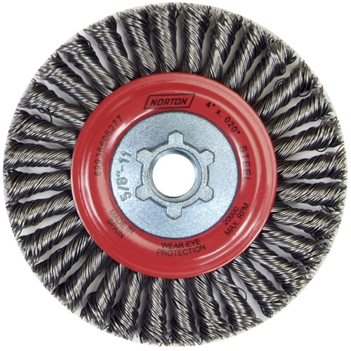 Brosse &agrave; fils nou&eacute;s pour cordons de soudure pour meuleuse angulaire, Dia. 4", Fils 0,02", Arbre 5/8"-11, Acier Seaboard Timber Mart