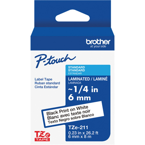TZe-211 Laminated Tape for TZe-Compatible P-Touch Label Makers, Black on White, 0.23" Width Seaboard Timber Mart