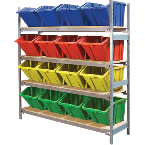 Wide Span Shelving with Jumbo Plastic Bins, Steel, Boltless, 800 lbs. Capacity, 66" W x 72" H x 18" D Seaboard Timber Mart