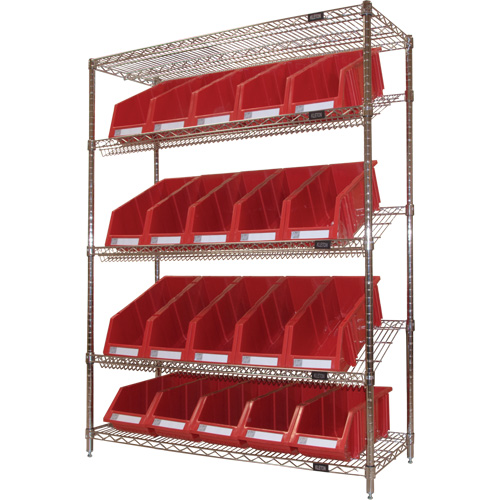 Slanted Wire Shelf with Bins, 5 Tiers, 48" W x 63" H x 18" D Seaboard Timber Mart