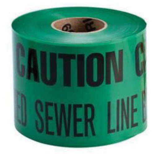 Ruban d'avertissement de danger souterrain Buried Sewer Line Identoline, 6" la x 1000' lo, Noir sur vert Seaboard Timber Mart