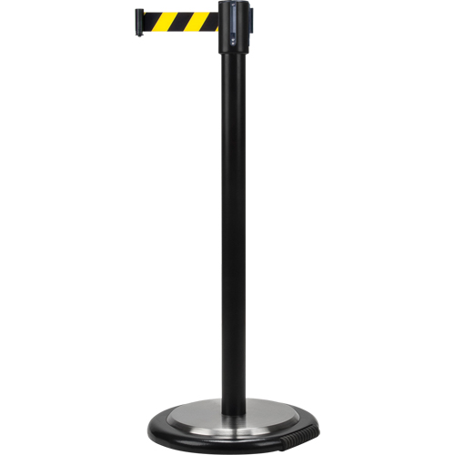 Free-Standing Crowd Control Barrier, Steel, 35" H, Black/Yellow Tape, 7' Tape Length Seaboard Timber Mart