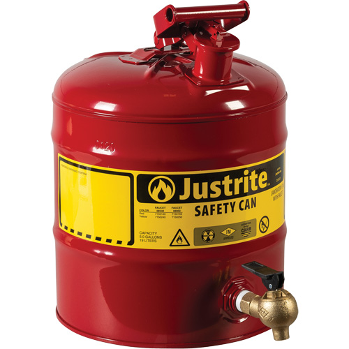 Bidon avec robinet s&eacute;curitaires pour laboratoires, Type I, Acier, 5 gal. US, Rouge, Homologu&eacute; FM Seaboard Timber Mart