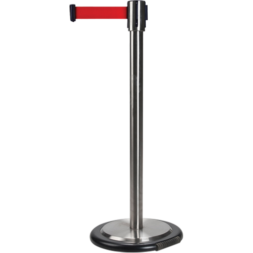 Free-Standing Crowd Control Barrier, Steel, 35" H, Red Tape, 12' Tape Length Seaboard Timber Mart