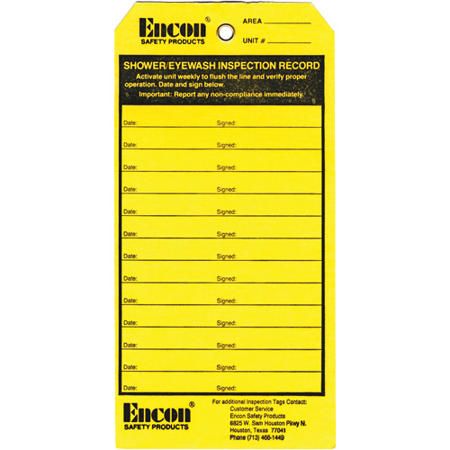 Emergency Shower & Eyewash Inspection Record Tag, Cardstock, 3-1/8" W x 6-1/4" H, English Seaboard Timber Mart