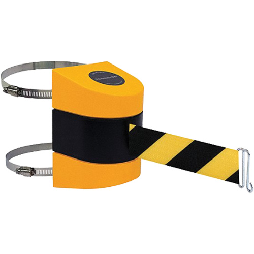 Tensabarrier&reg; Barrier Post Mount with Belt, Plastic, Clamp Mount, 24', Black and Yellow Tape Seaboard Timber Mart