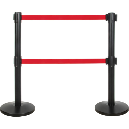 Dual Belt Crowd Control Barrier, Steel, 35" H, Red Tape, 7' Tape Length Seaboard Timber Mart