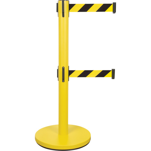 Dual Belt Crowd Control Barrier, Steel, 35" H, Black/Yellow Tape, 7' Tape Length Seaboard Timber Mart