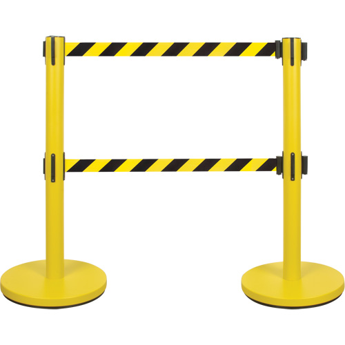 Dual Belt Crowd Control Barrier, Steel, 35" H, Black/Yellow Tape, 7' Tape Length Seaboard Timber Mart